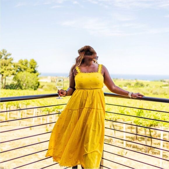 Farm Rio Yellow 3D Flowers Cotton Maxi Dress Crochet Embroidery Size M - Picture 8 of 13